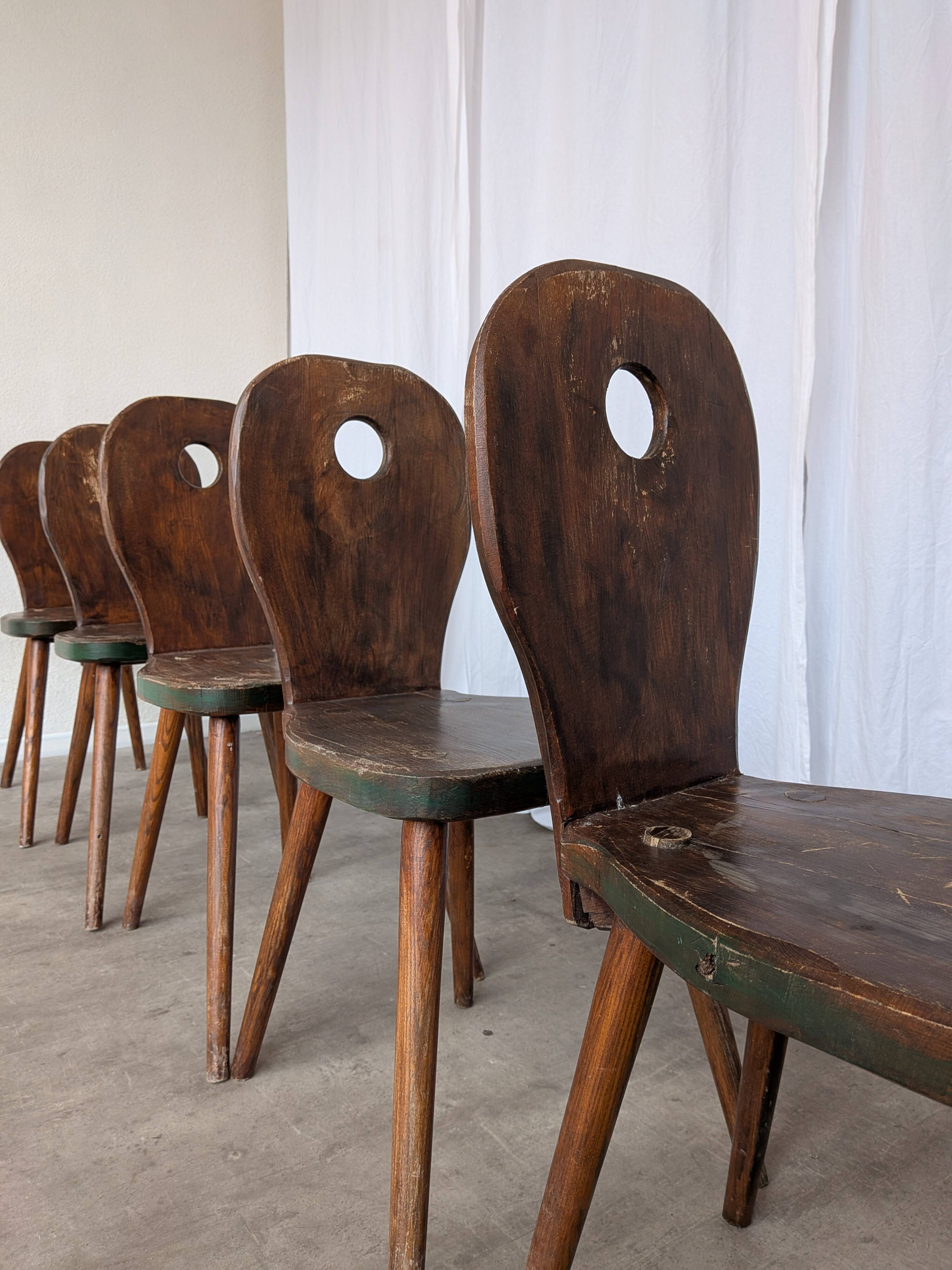 Set of 6 Vintage Brutalist Wooden Chair / Rustic Farmhouse Dining Chair