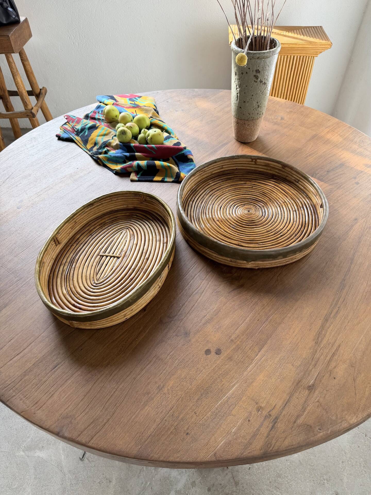 Round rattan and brass trays 1970 by Gabriella Crespi