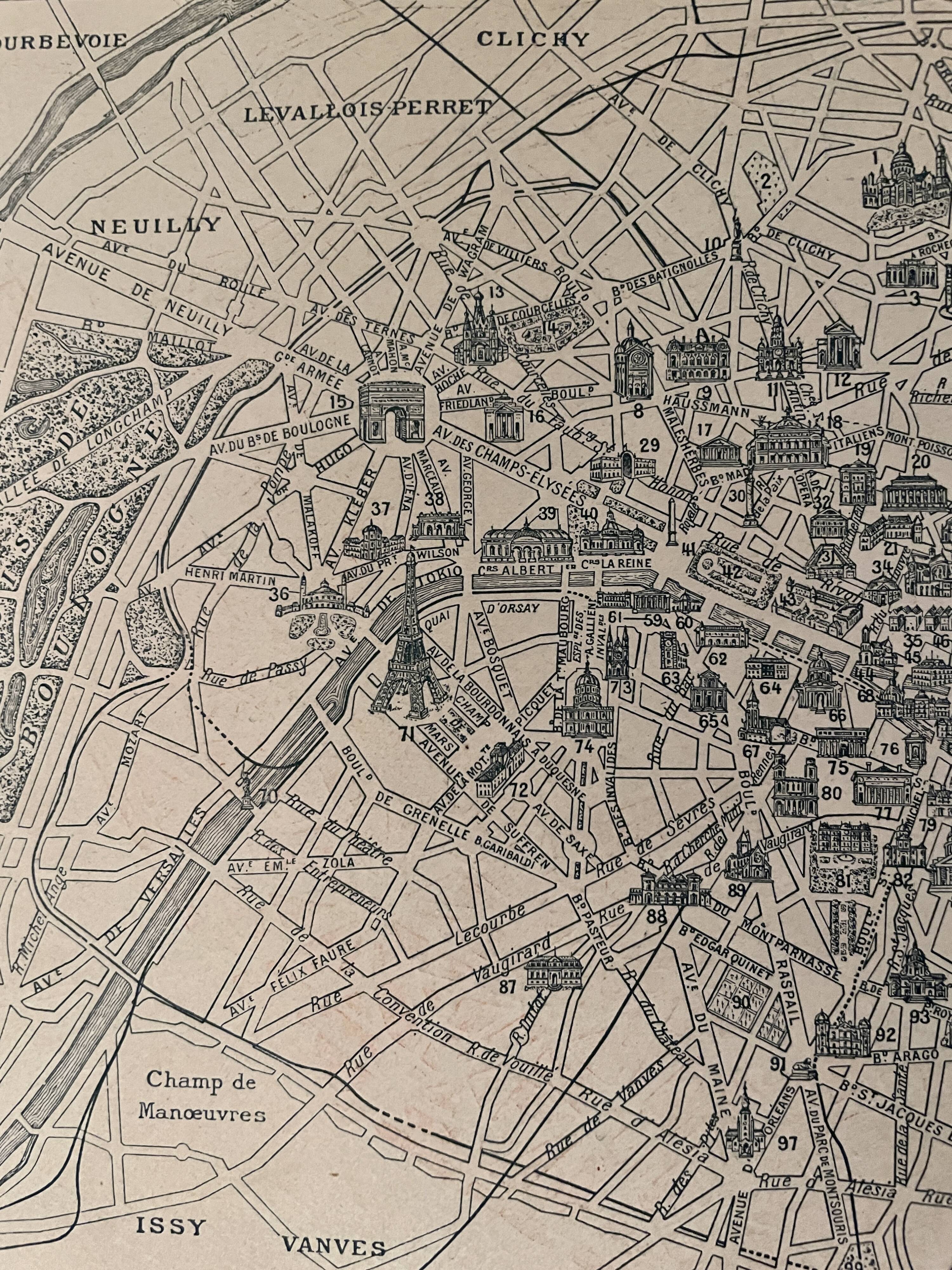 Lithograph map of Paris districts - 1920