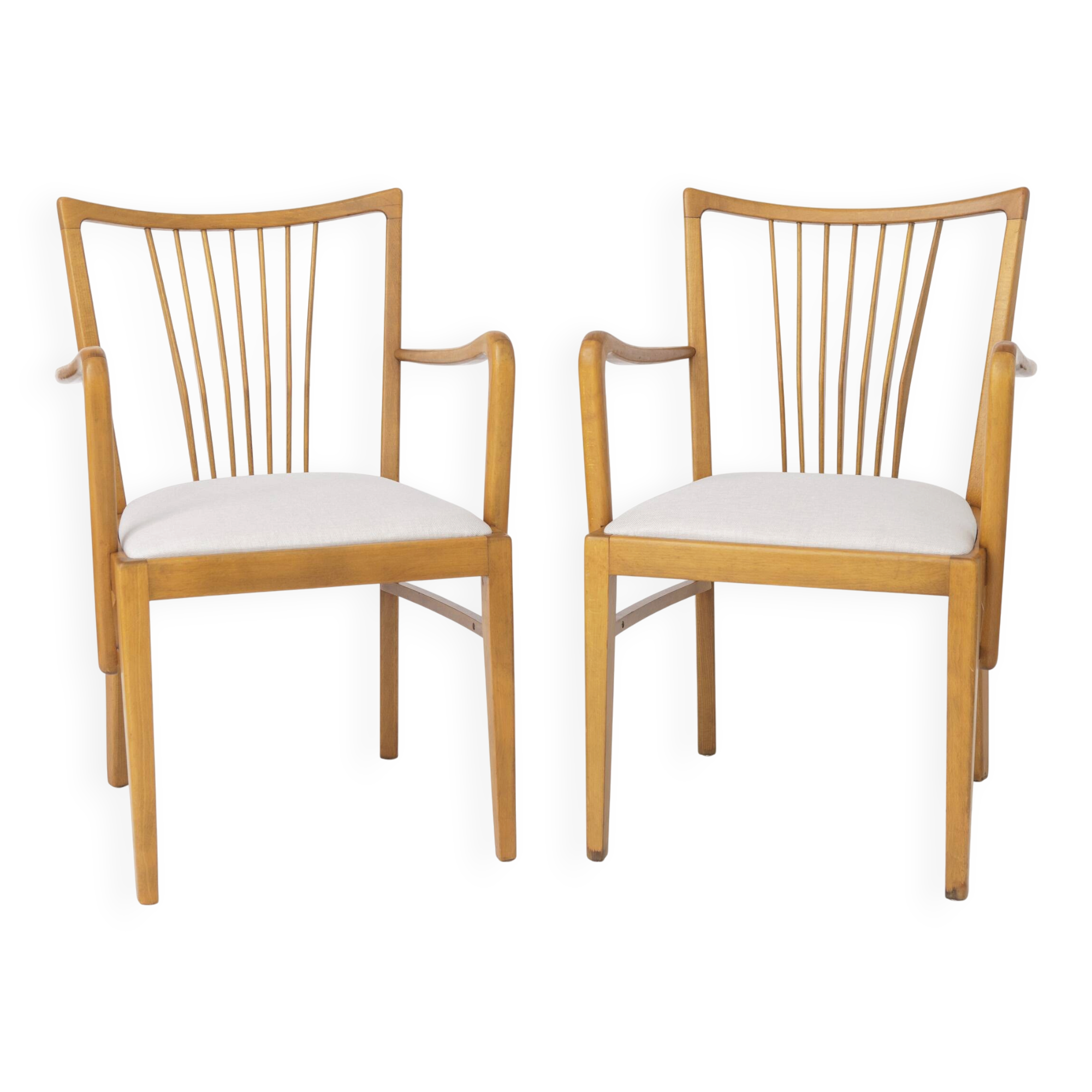 Pair of 1950s Vintage Armchairs, Restored Beech Wood & Light Gray 1950s