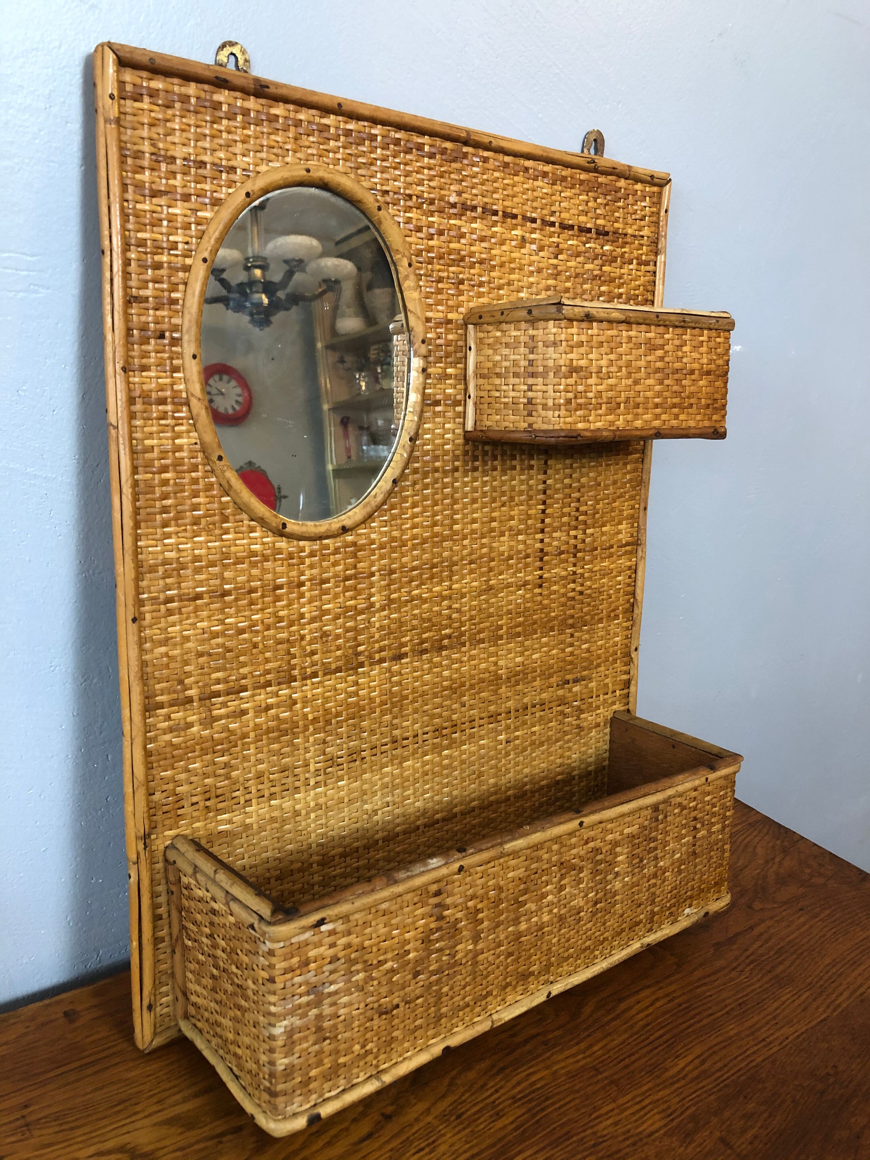 Vintage woven rattan shelf
