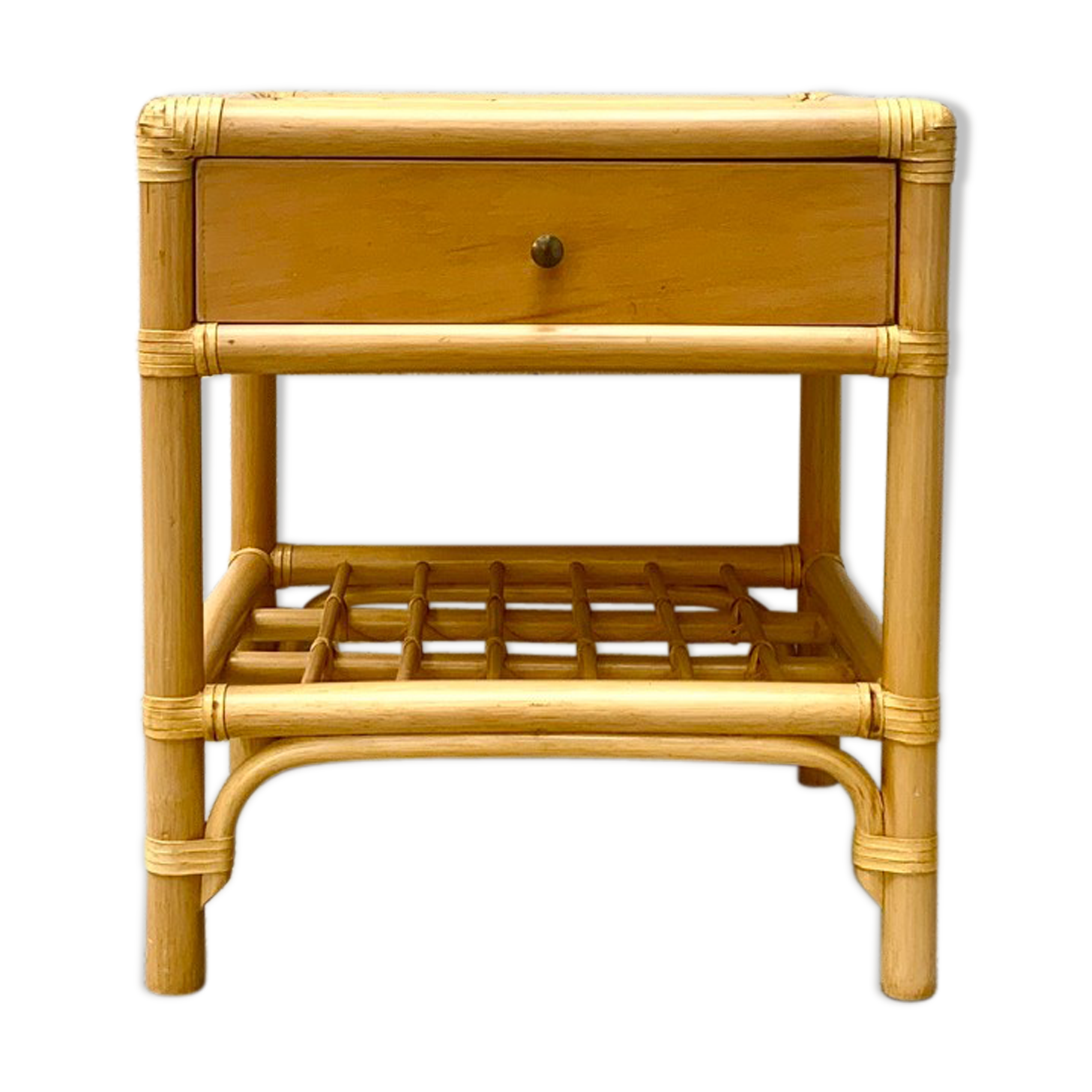 Table de chevet en bois et bambou années 70
