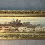 A. Laemmermann, oil painting on cardboard depicting a rocky landscape.