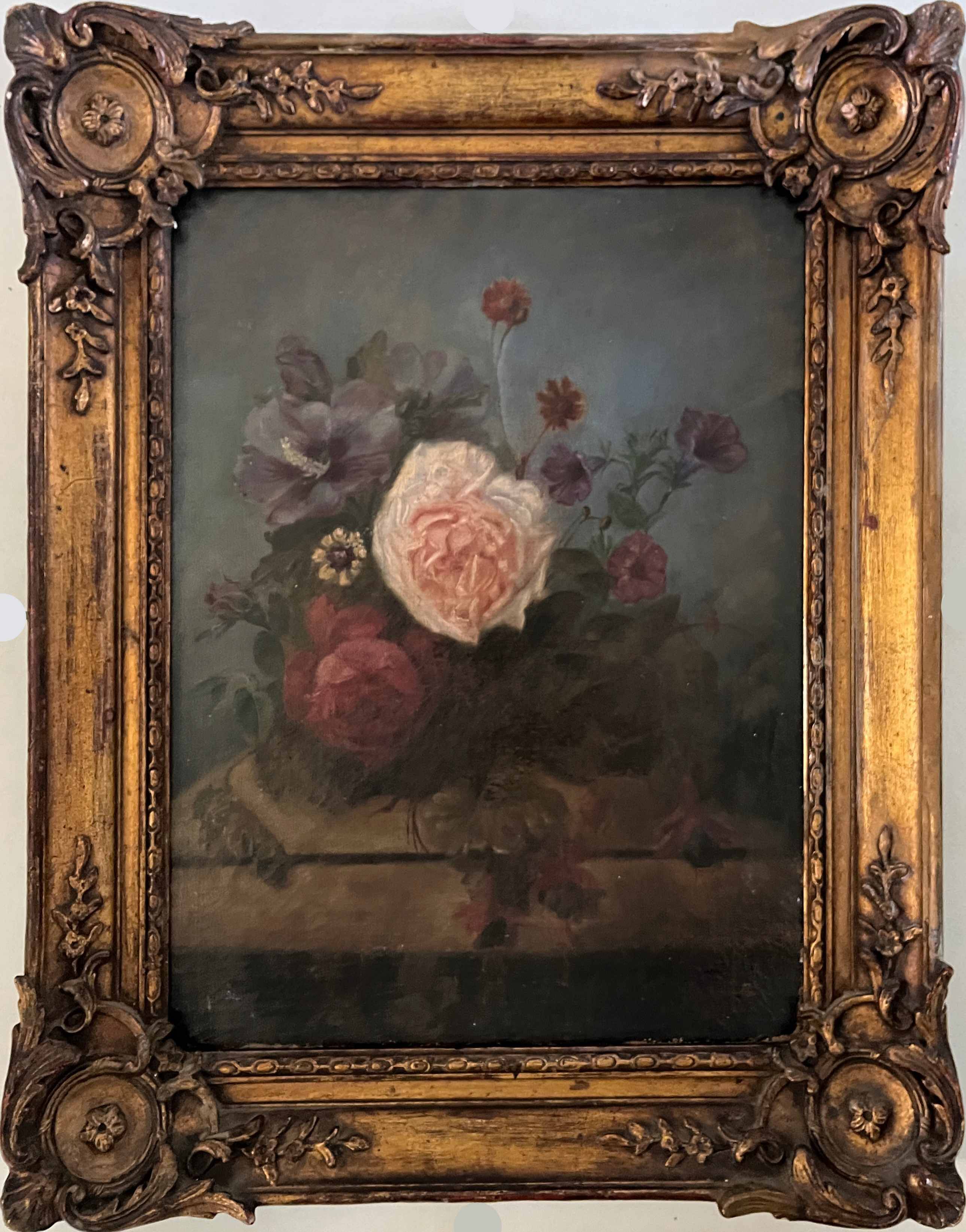 Tableau HST vers 1874 Jetée de fleur sur entablement signé + cadre