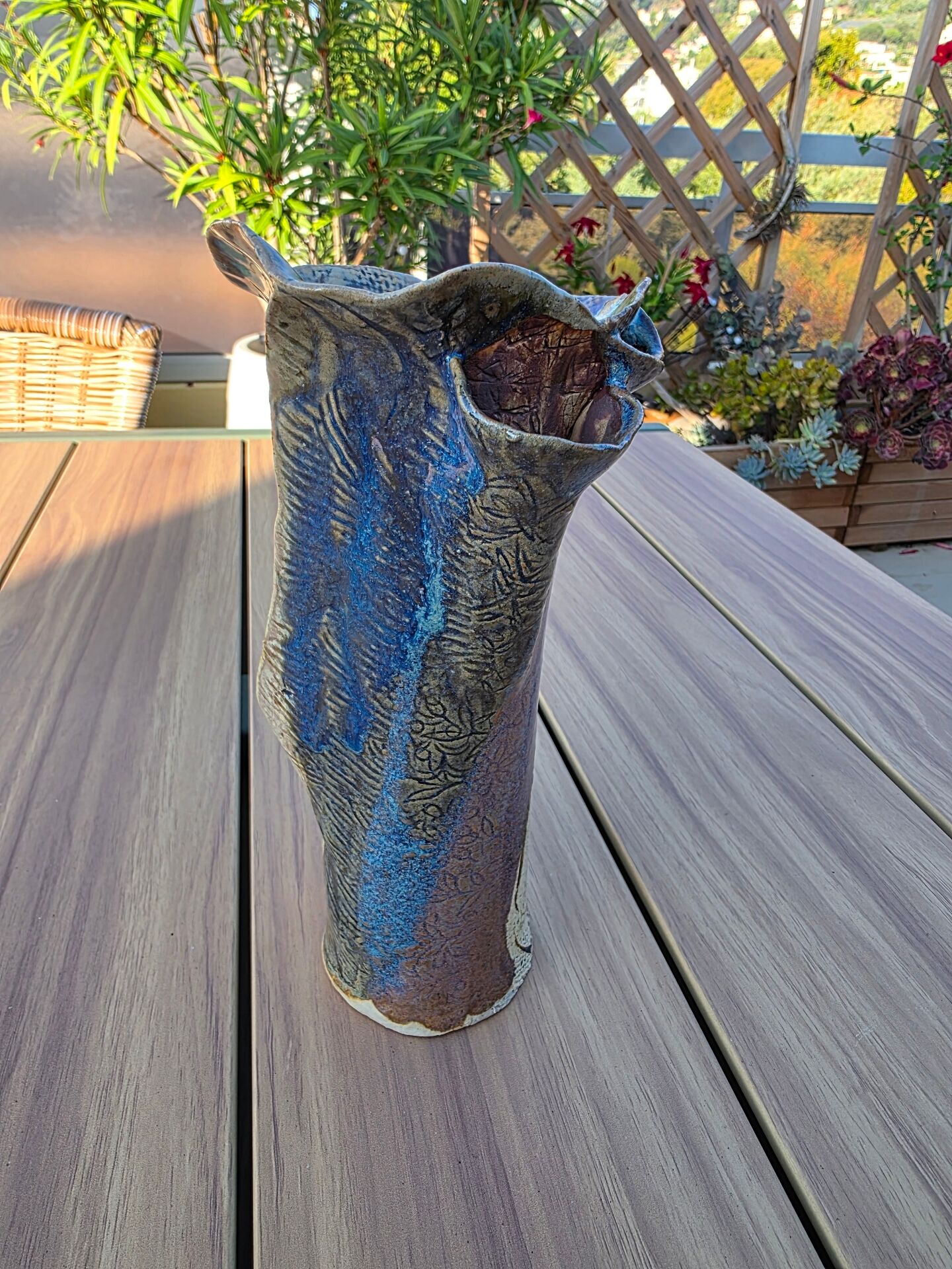 Vintage sculptural stoneware vase 25 cm brutalist signed