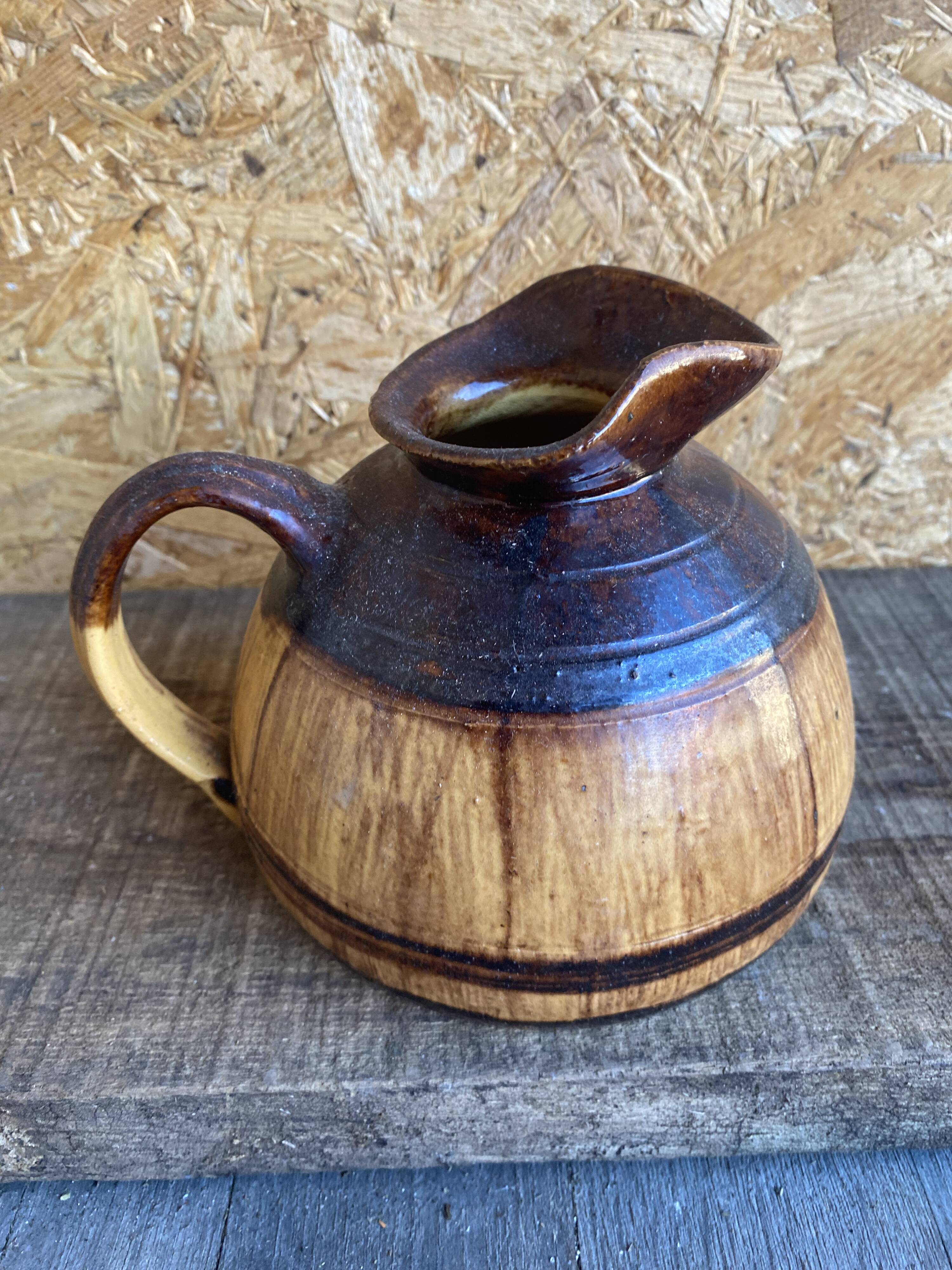 Old Terracotta Pitcher Barrel Shape Vintage Kitchen #D972