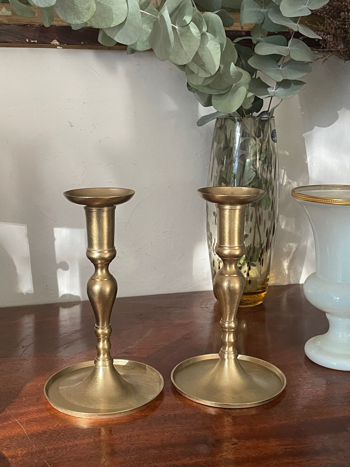 Pair of brushed brass candle holders
