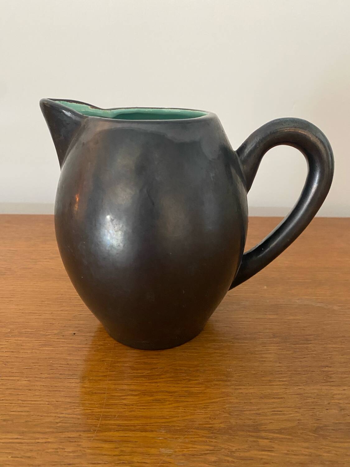 Old ST CLEMENT Ceramic Pitcher Black Green Interior 50's Vintage #B921
