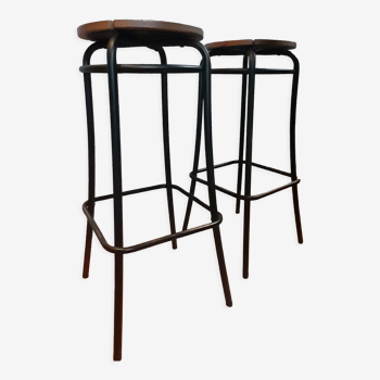 Pair of high stools Agne Stool - solid wood seat and steel legs