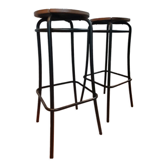 Pair of high stools Agne Stool - solid wood seat and steel legs