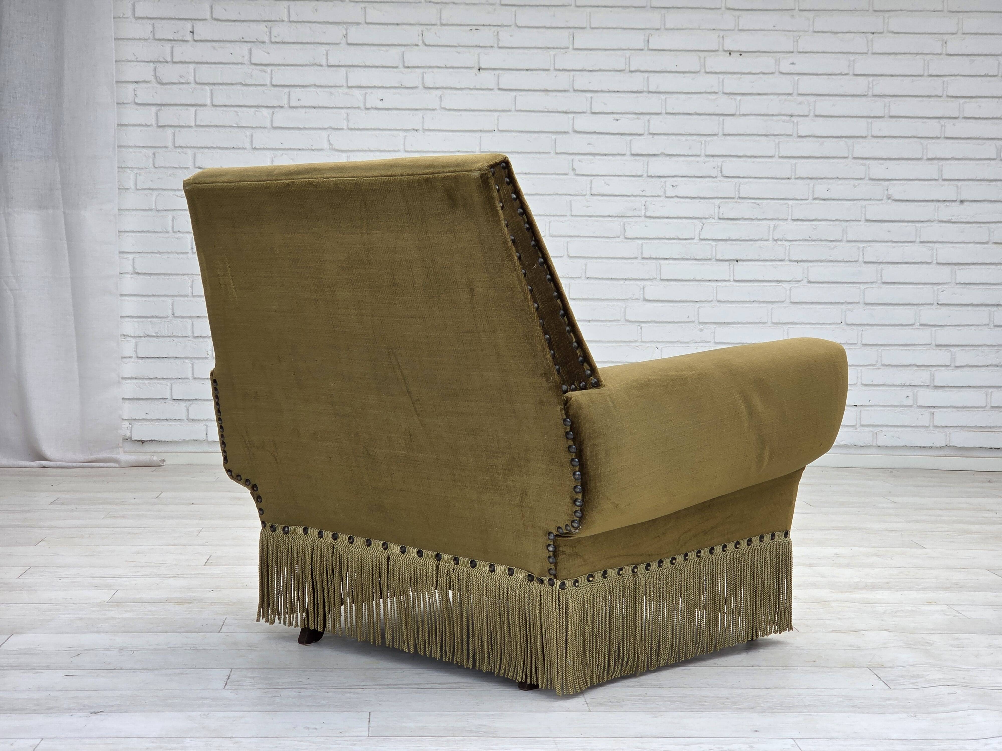 1970s, Danish armchair, green furniture velour, ash wood legs.