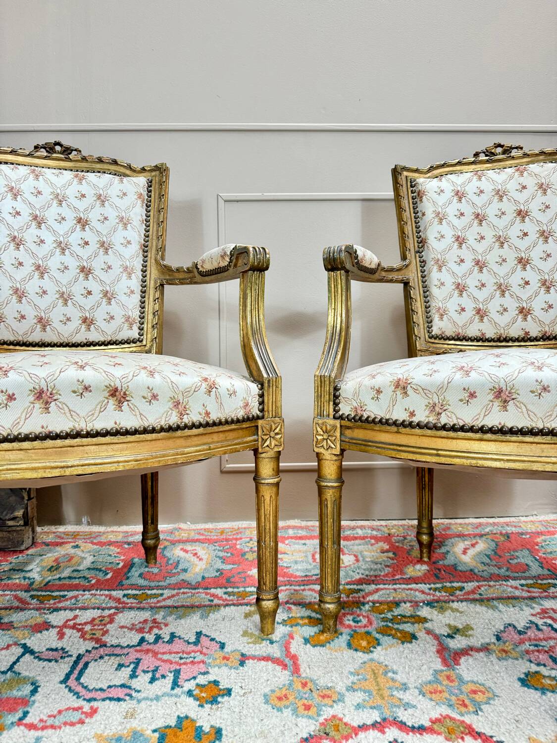 Pair of louis xvi style gilded wood armchairs, 19th century