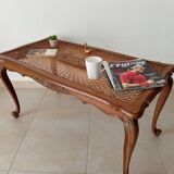 Table basse chippendale vintage en hêtre et rotin style Louis XV