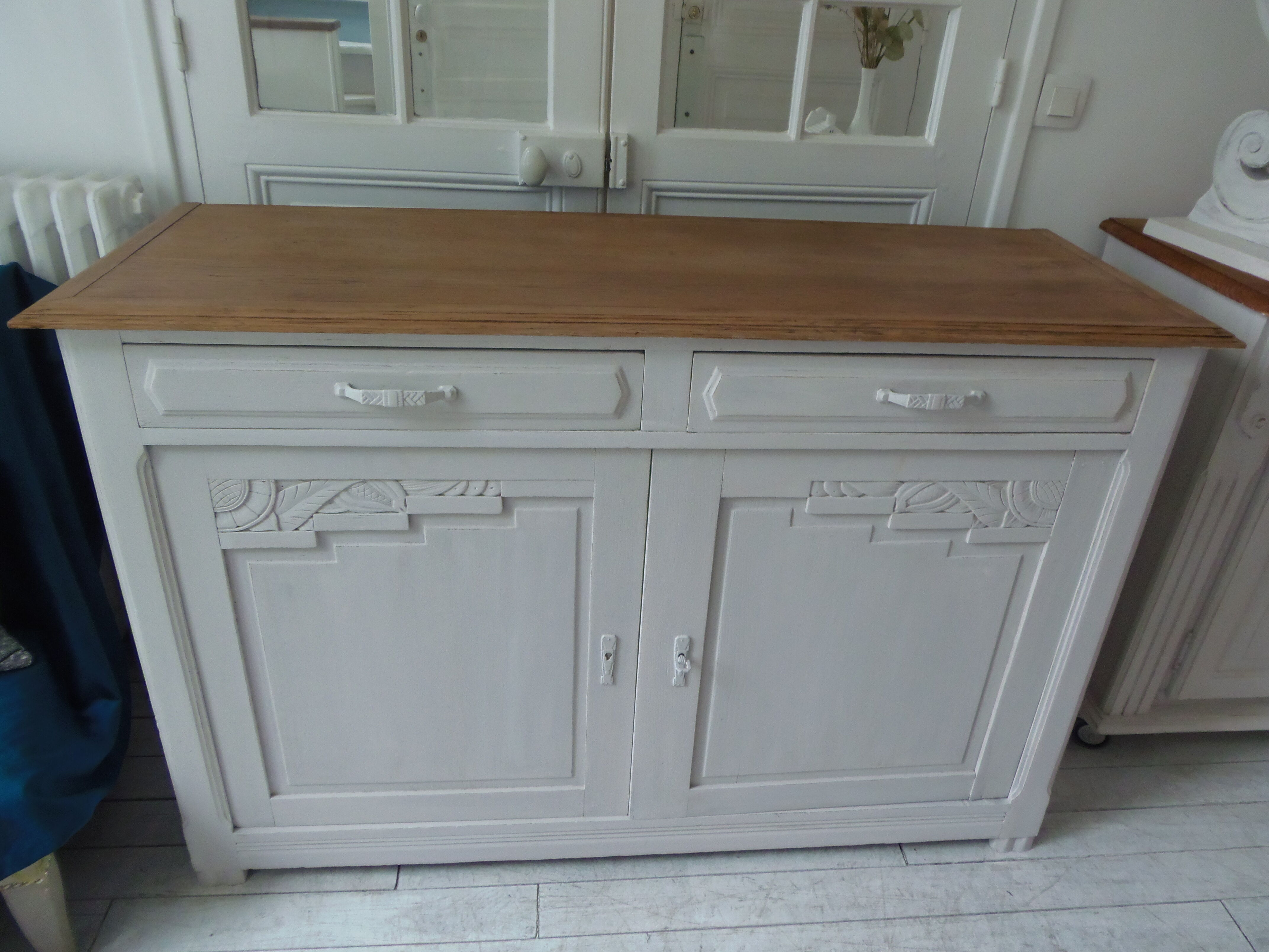 Art Deco sideboard patinated pearl gray, oak top.