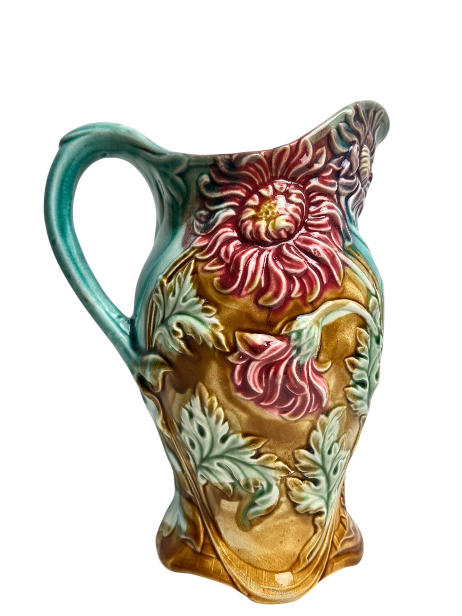 Barbotine pitcher jug from Onnaing Earthenware Factory circa 1900