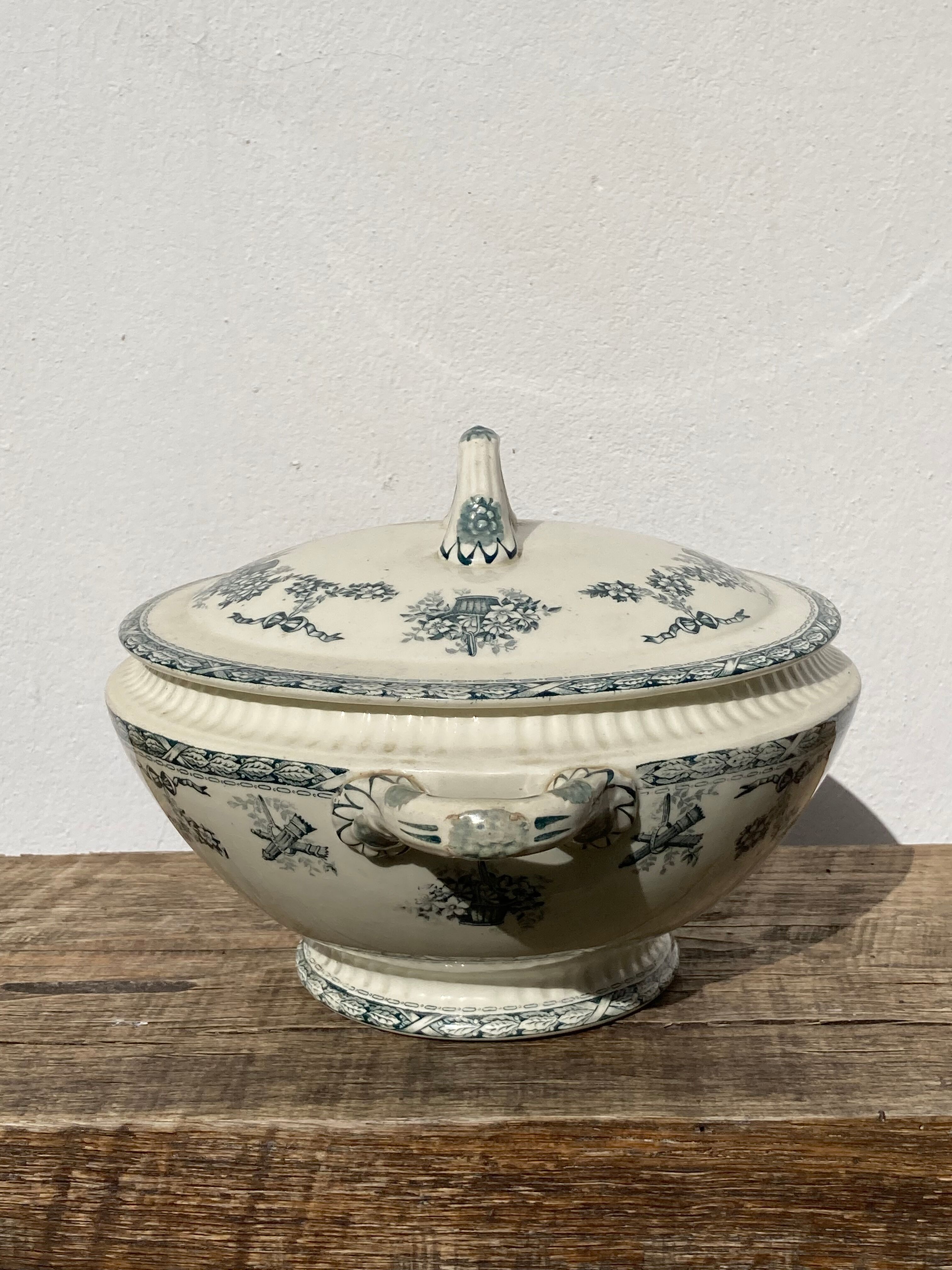 Old iron earth tureen Ninon Salins blue, ceramic and earthenware plate