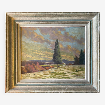 Tableau HSP "Paysage de neige au village" signé P. Debu daté de 1942 + cadre