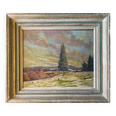 Tableau HSP ''Paysage de neige au village'' signé P. Debu daté de 1942 + cadre