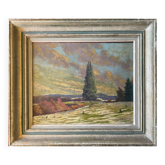 Tableau HSP "Paysage de neige au village" signé P. Debu daté de 1942 + cadre