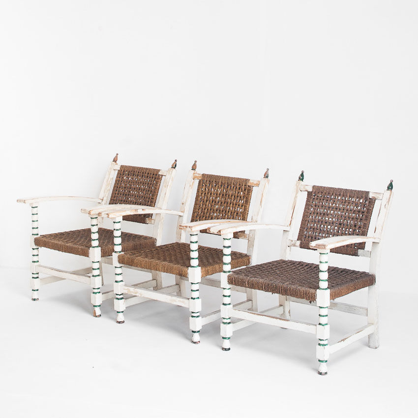 Set of vintage wooden and woven rope armchairs with a matching table. Spain, 1960s.