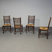 Set of 4 oak, rustic, farmhouse, ladderback dining chairs with rush seats 1960s