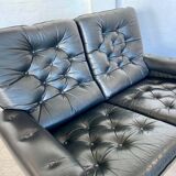 Canapé vintage danois rétro 2 places en cuir noir capitonné, années 1970