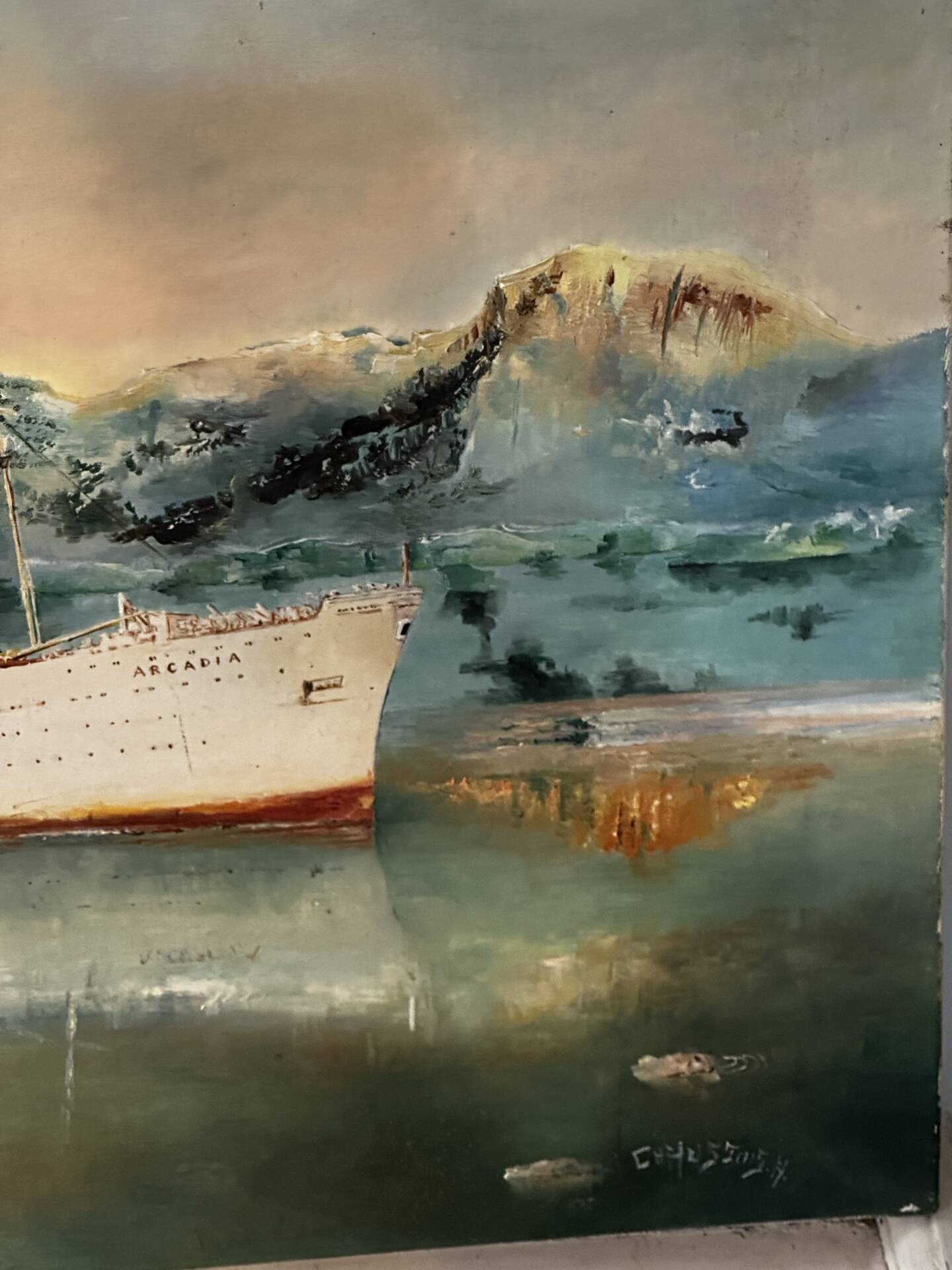 Oil on canvas Alain Chaussois (1950-2018) – Ocean liner Arcadia in the