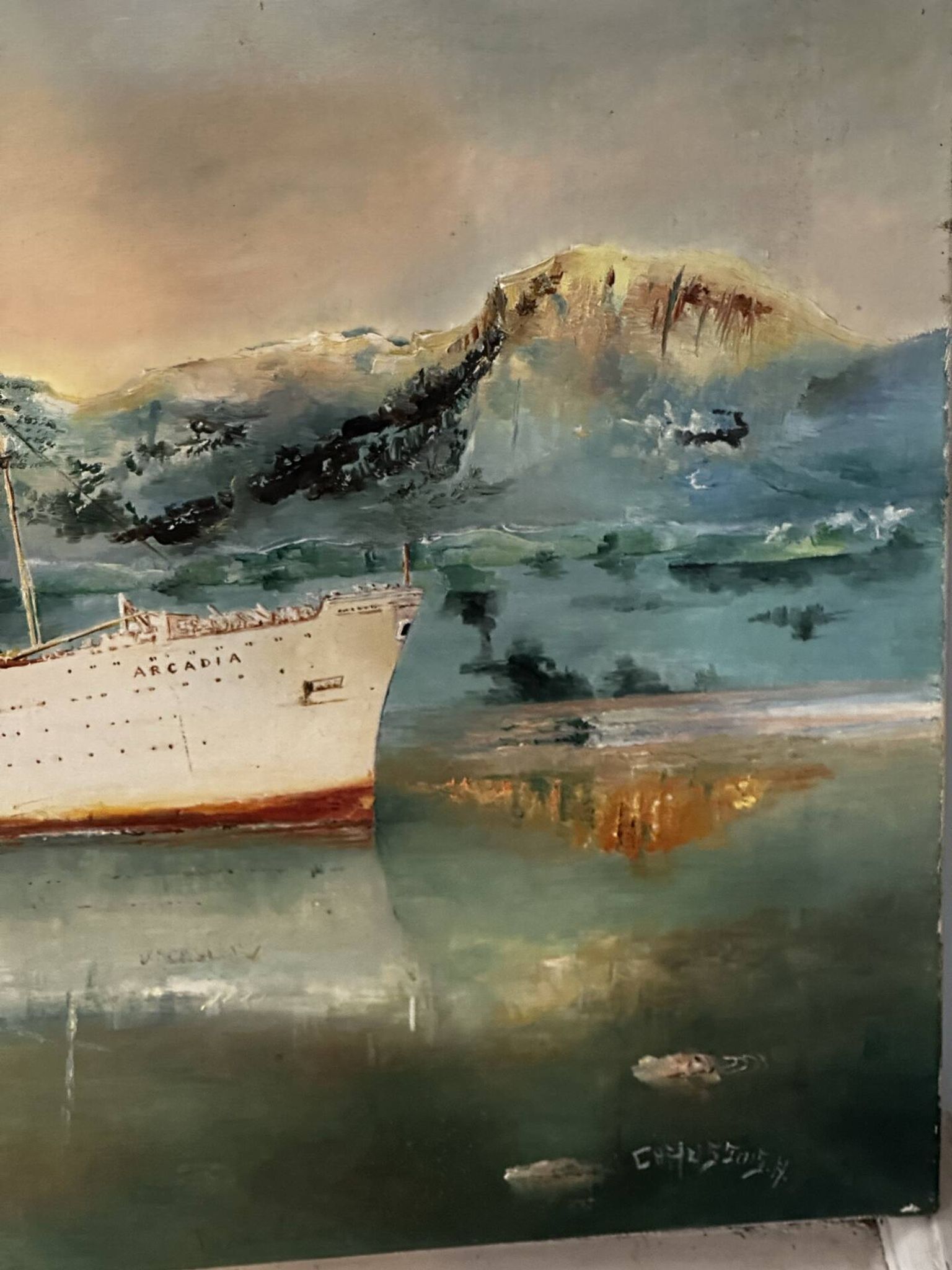 Oil on canvas Alain Chaussois (1950-2018) – Ocean liner Arcadia in the