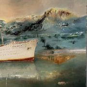 Oil on canvas Alain Chaussois (1950-2018) – Ocean liner Arcadia in the