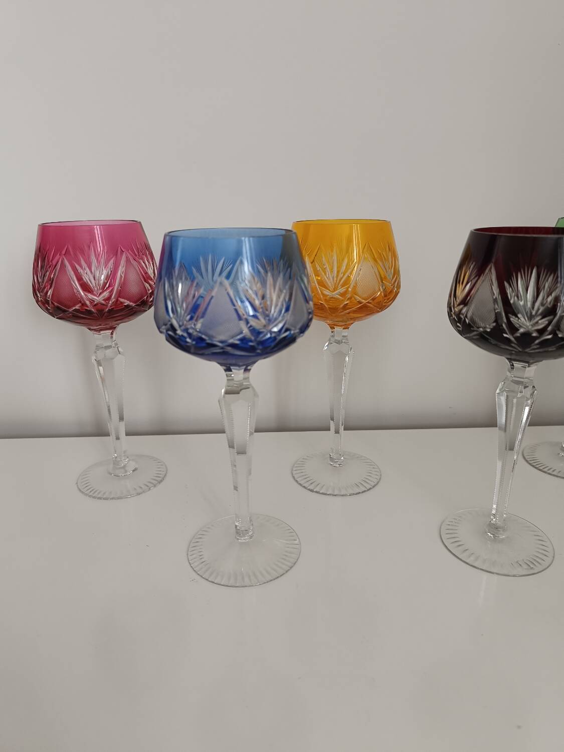 Set of 6 colored crystal stemmed glasses