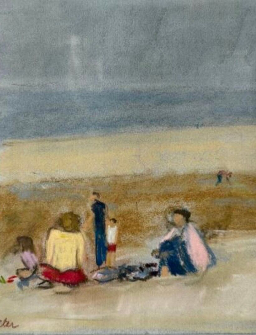Pastel painting, family beach scene in Normandy signed Henri Reiter.