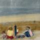 Pastel painting, family beach scene in Normandy signed Henri Reiter.