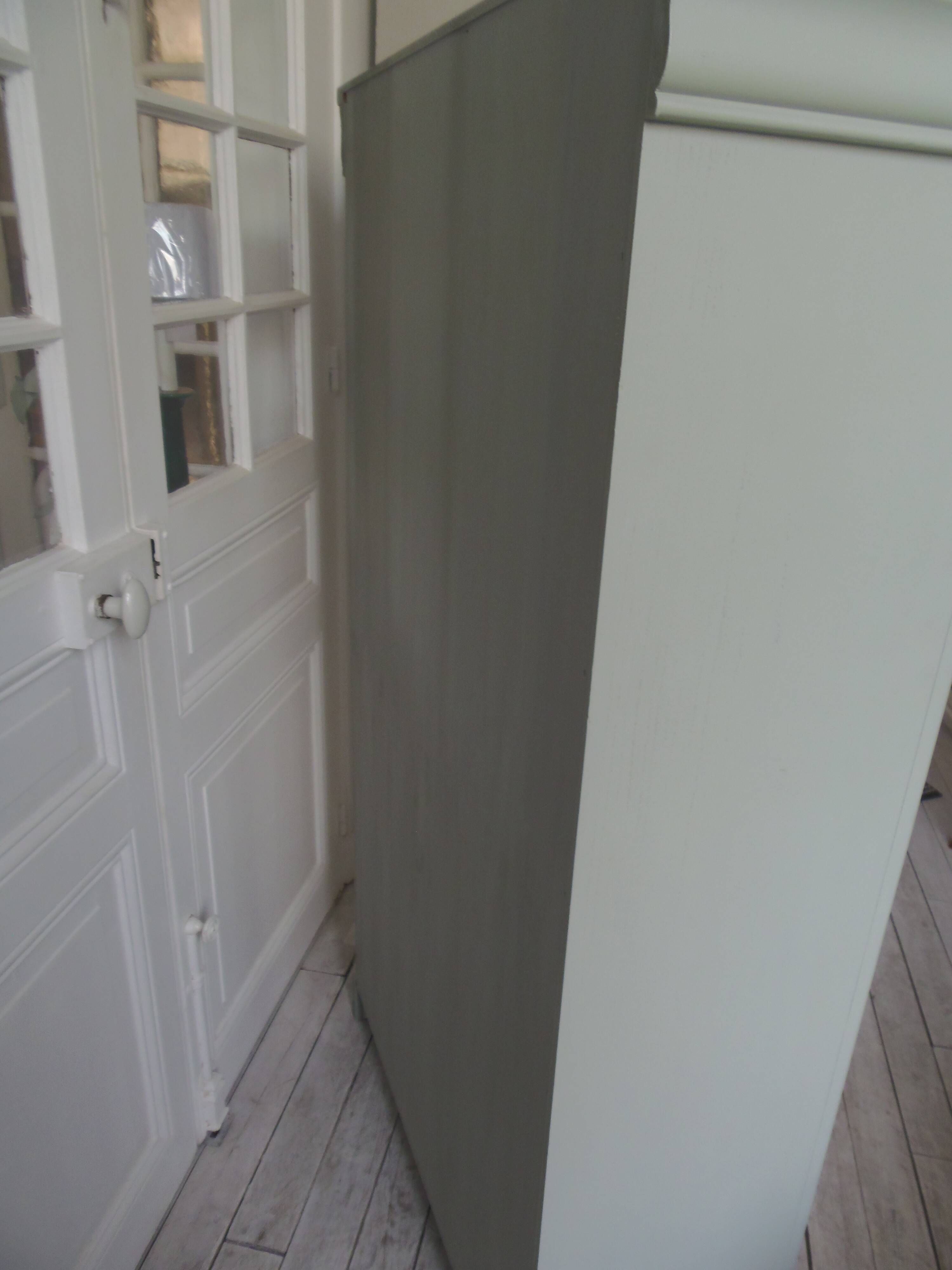Louis Philippe style bookcase reenchanted in verdigris, 3 light oak waxed shelves.