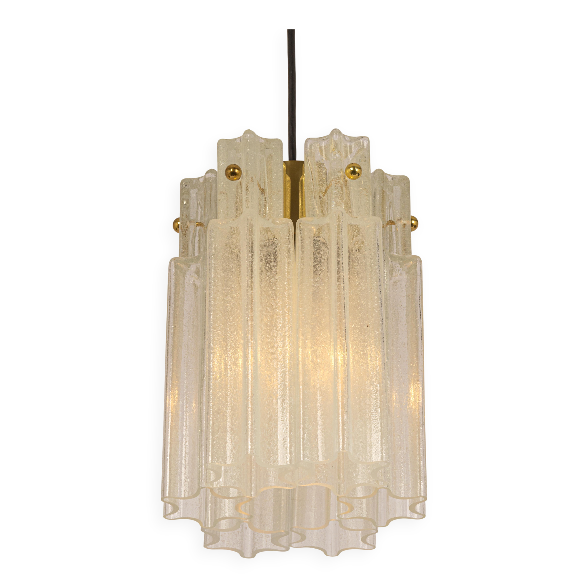 Pendant light with hand-blown glass pieces on a brass base made by Glashütte Limburg.