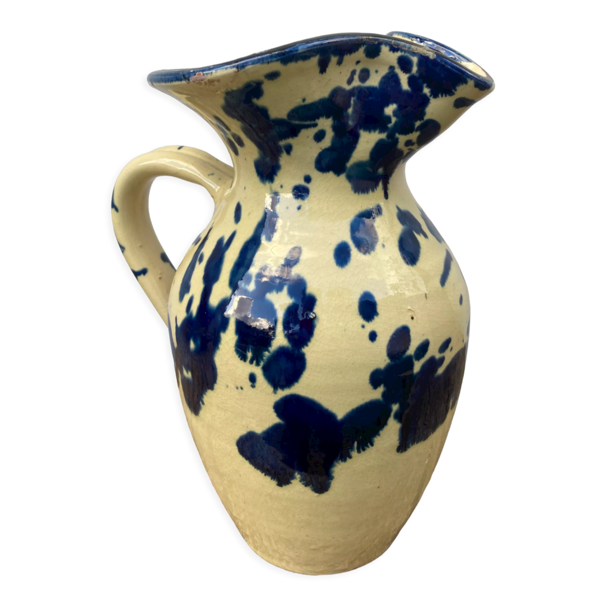 Speckled ceramic pitcher jaspé blue circa 1950 vintage