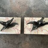 Pair of marble bookends with bronze birds