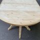 Large round extendable dining table renovated in raw pine with 2 extensions, 1980.