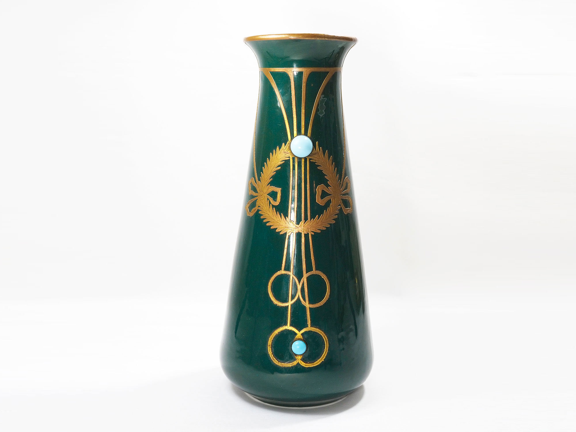 Antique secession vase in ceramic green glaze with copper & turquoise-1900s