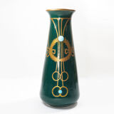 Antique secession vase in ceramic green glaze with copper & turquoise-1900s
