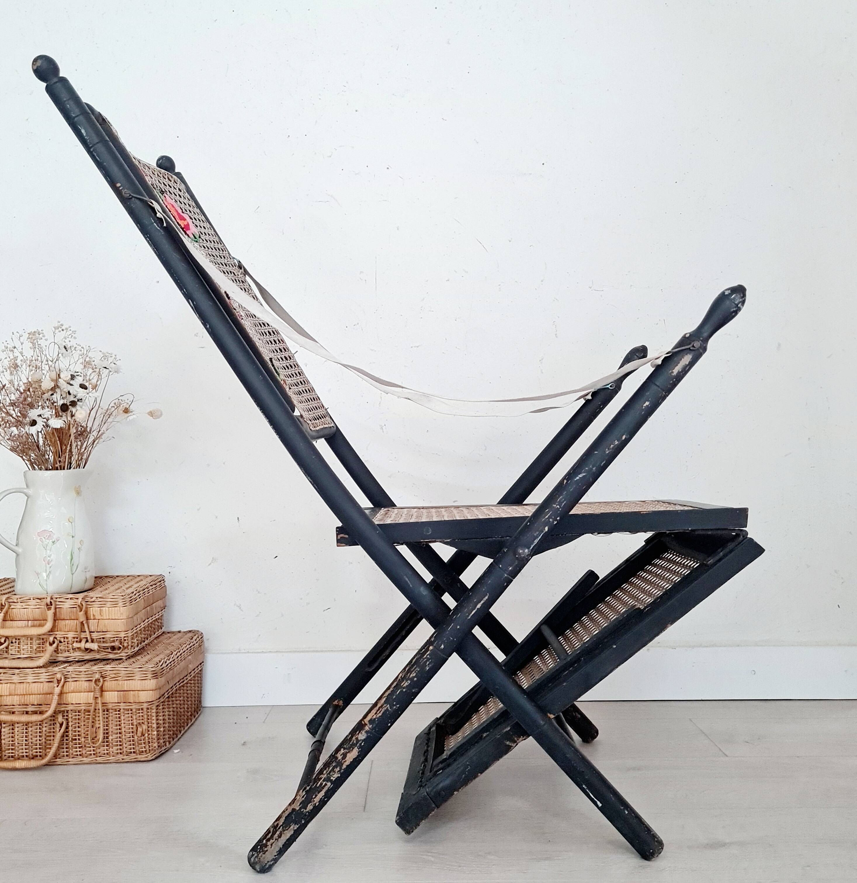 Transat ancien - chaise longue bois et cannage