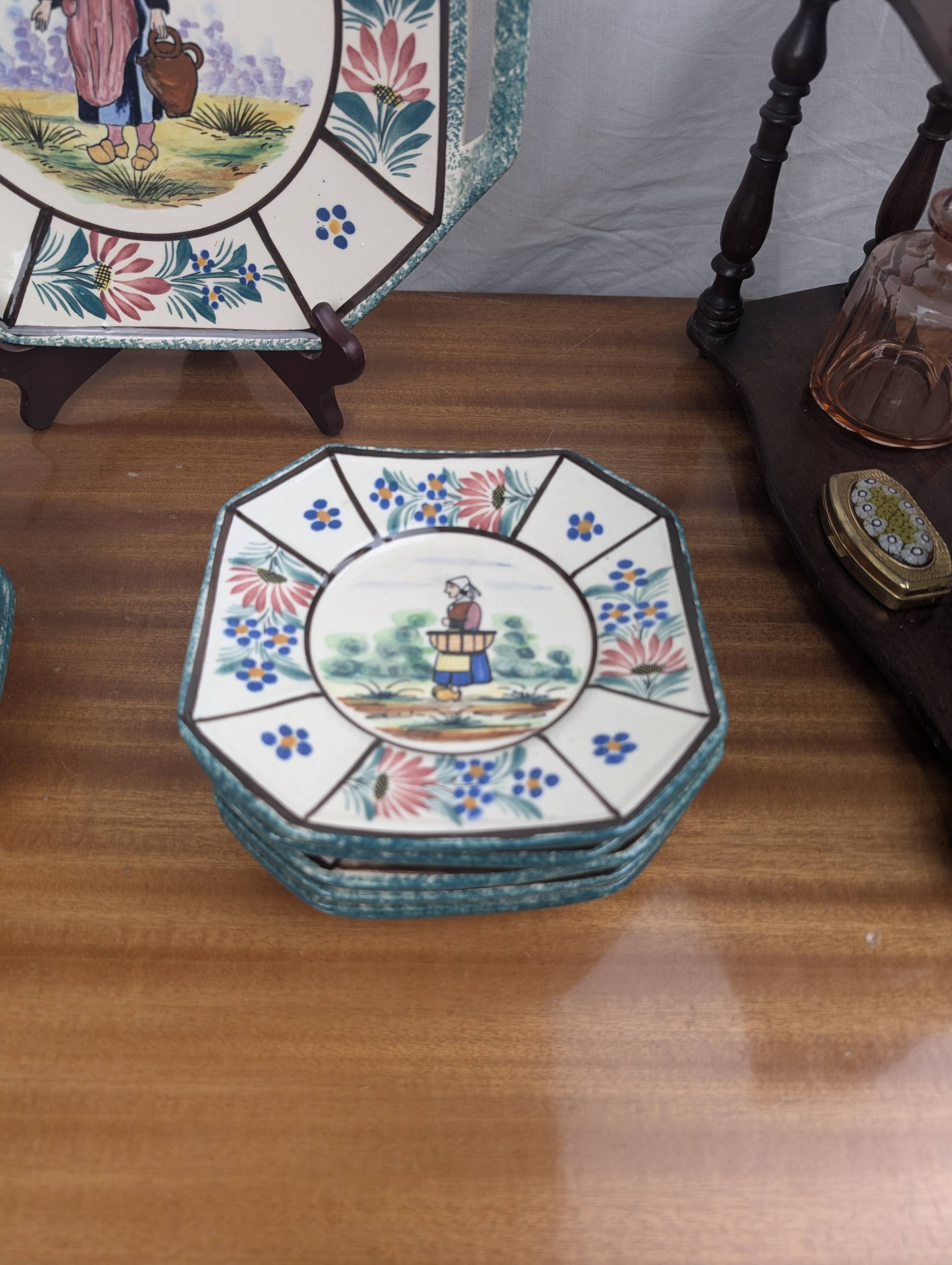 Henriot Quimper RM Octagonal Dessert Service Breton Couple Art Deco Style