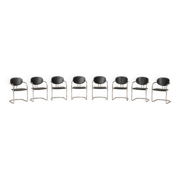 Set of eight cantilever chairs in black faux leather and chrome steel — c. 1980