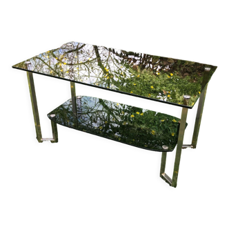 Chrome coffee table and smoked glasses