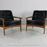 Ensemble de deux fauteuils au design scandinave avec coussins en cuir noir