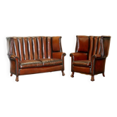 Canapé et fauteuil victoriens en cuir, dossier tonneau, circa 1860, restaurés
