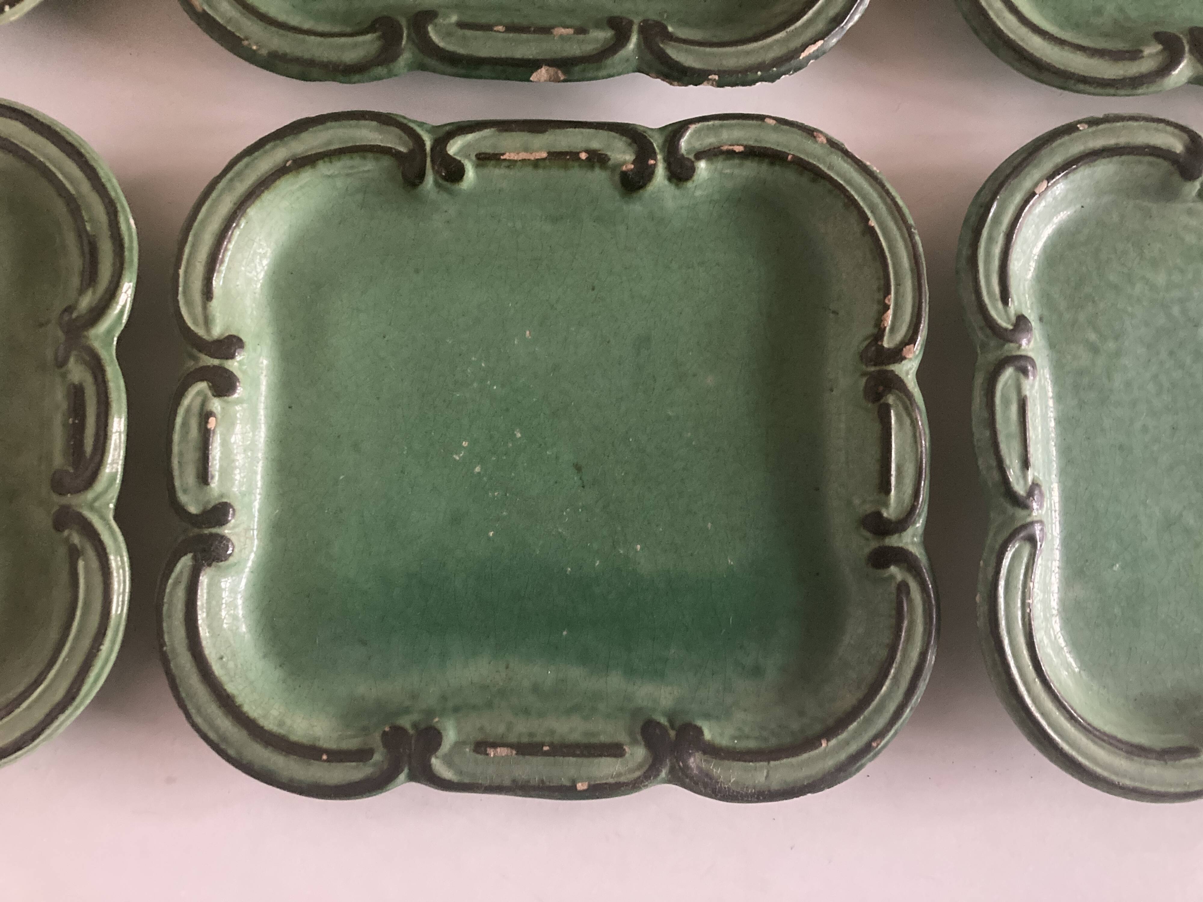 Set of 6 dessert plates in green varnished earth Vallauris 1950