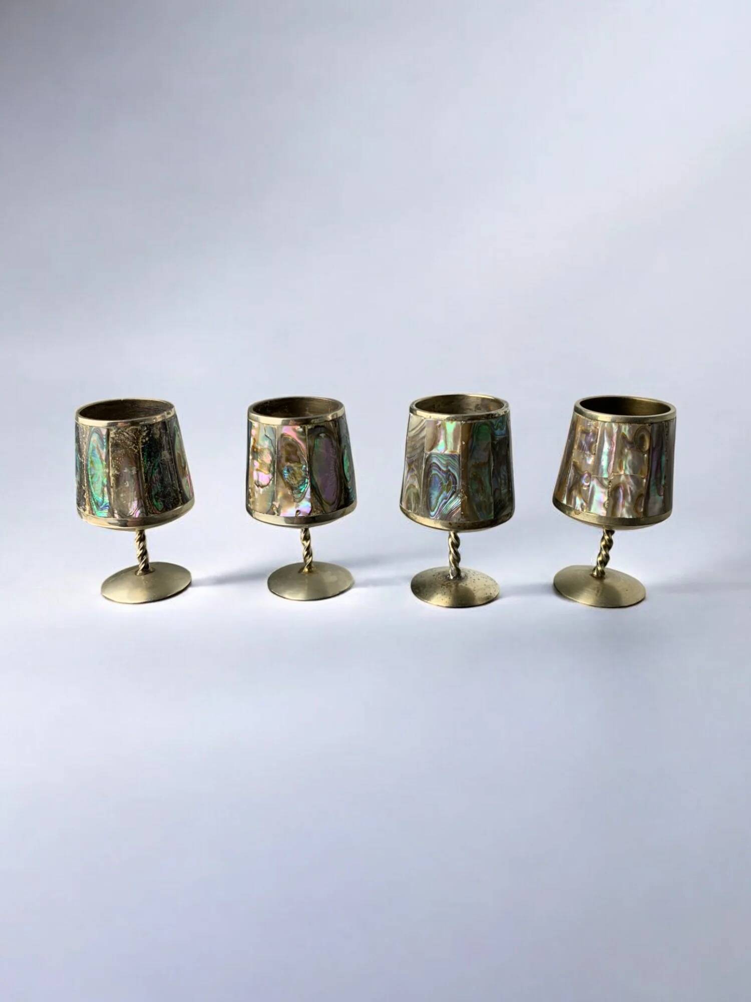 Abalone shell & alpaca shot glasses, set of 4, Mexico, 1970s