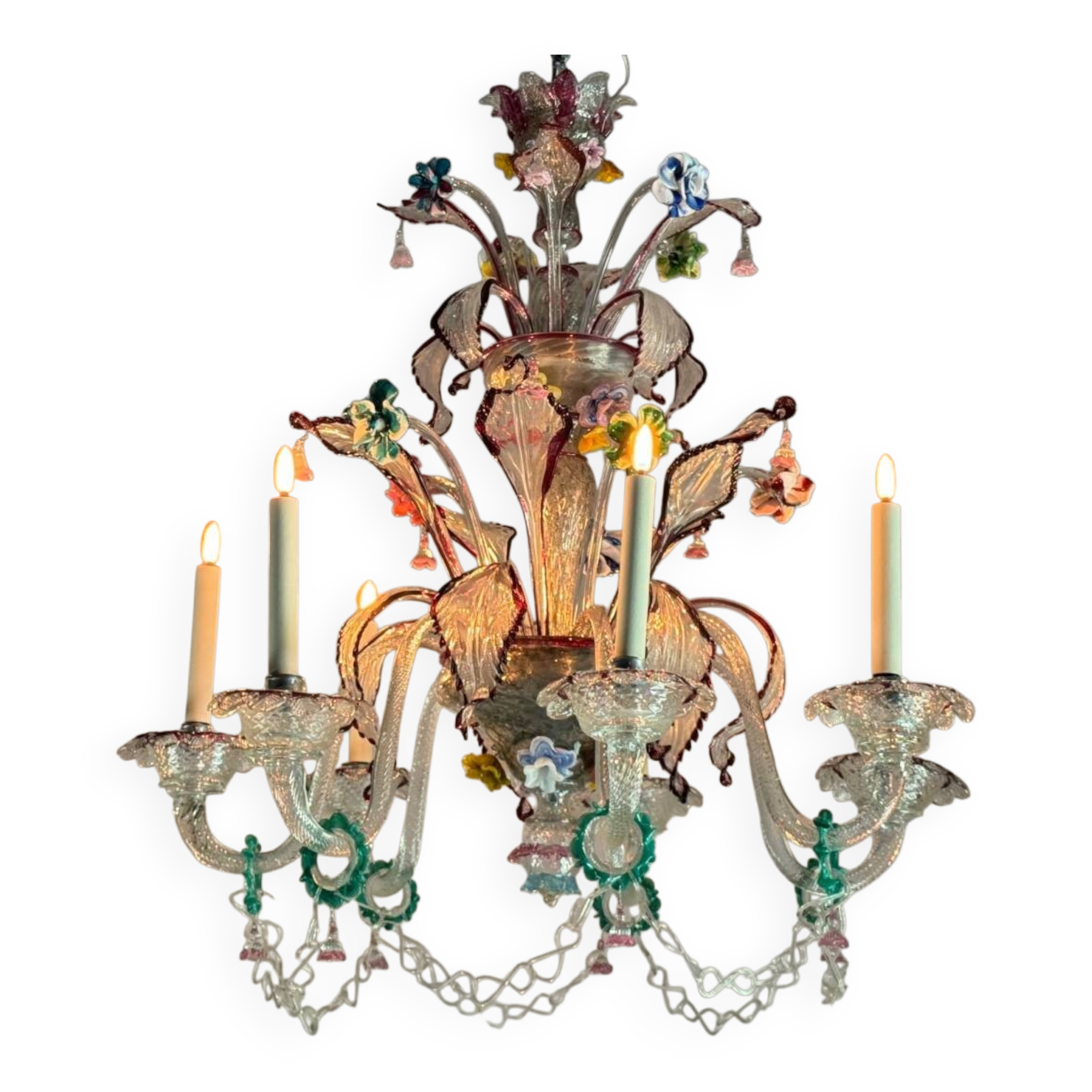 Multi-colored Murano glass Venetian chandelier with 7 light arms, circa 1920