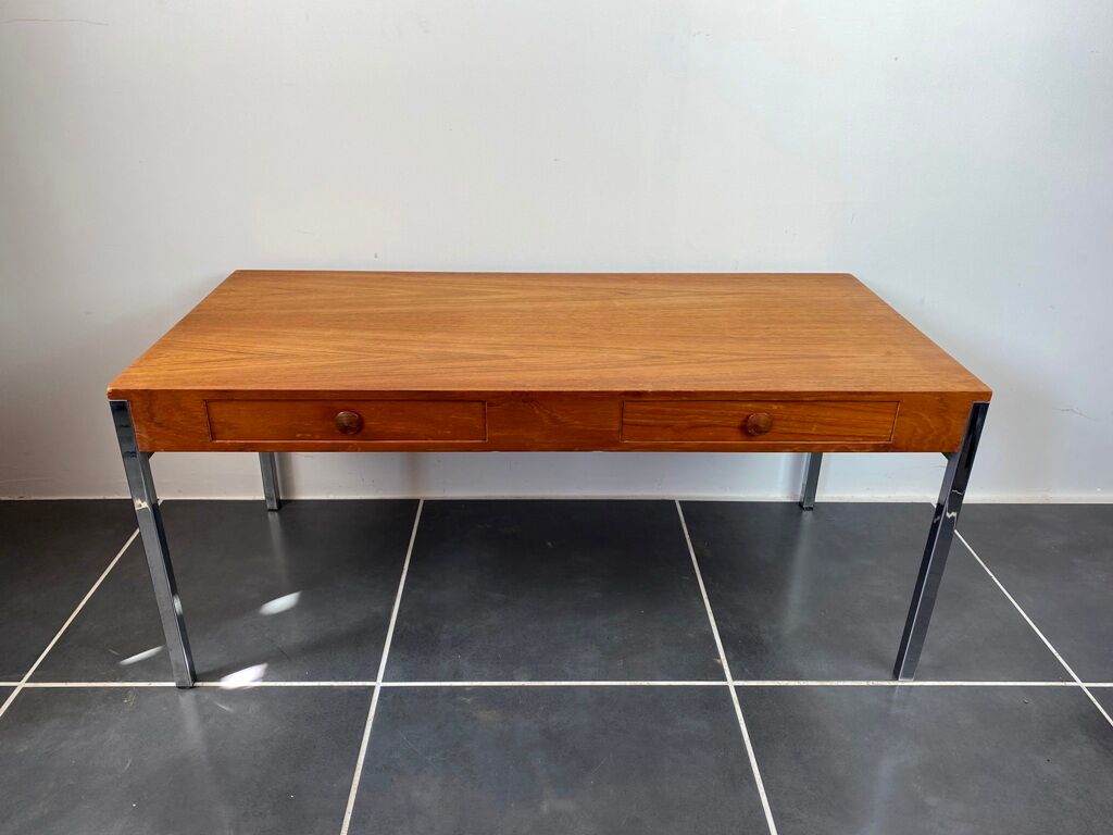 Table basse teck scandinave pieds chromés vintage 1960