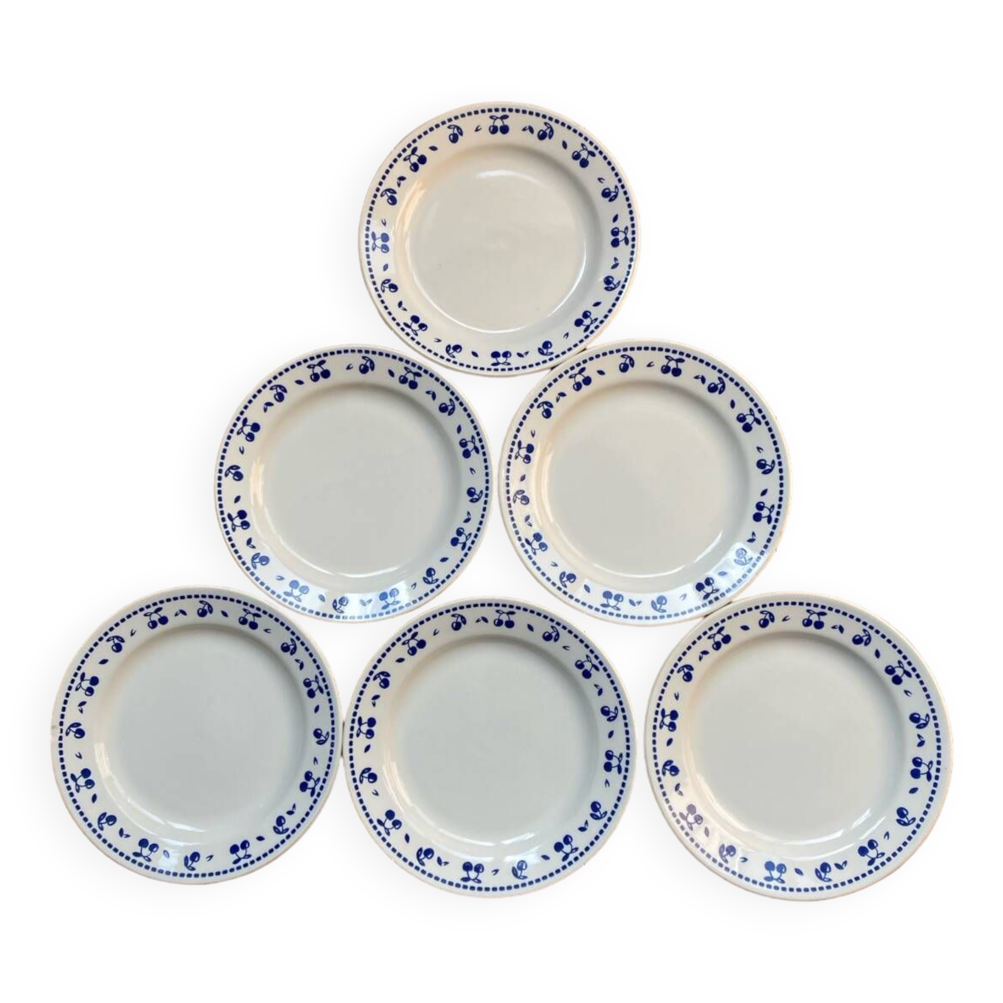 Vintage dessert plates with blue cherry pattern